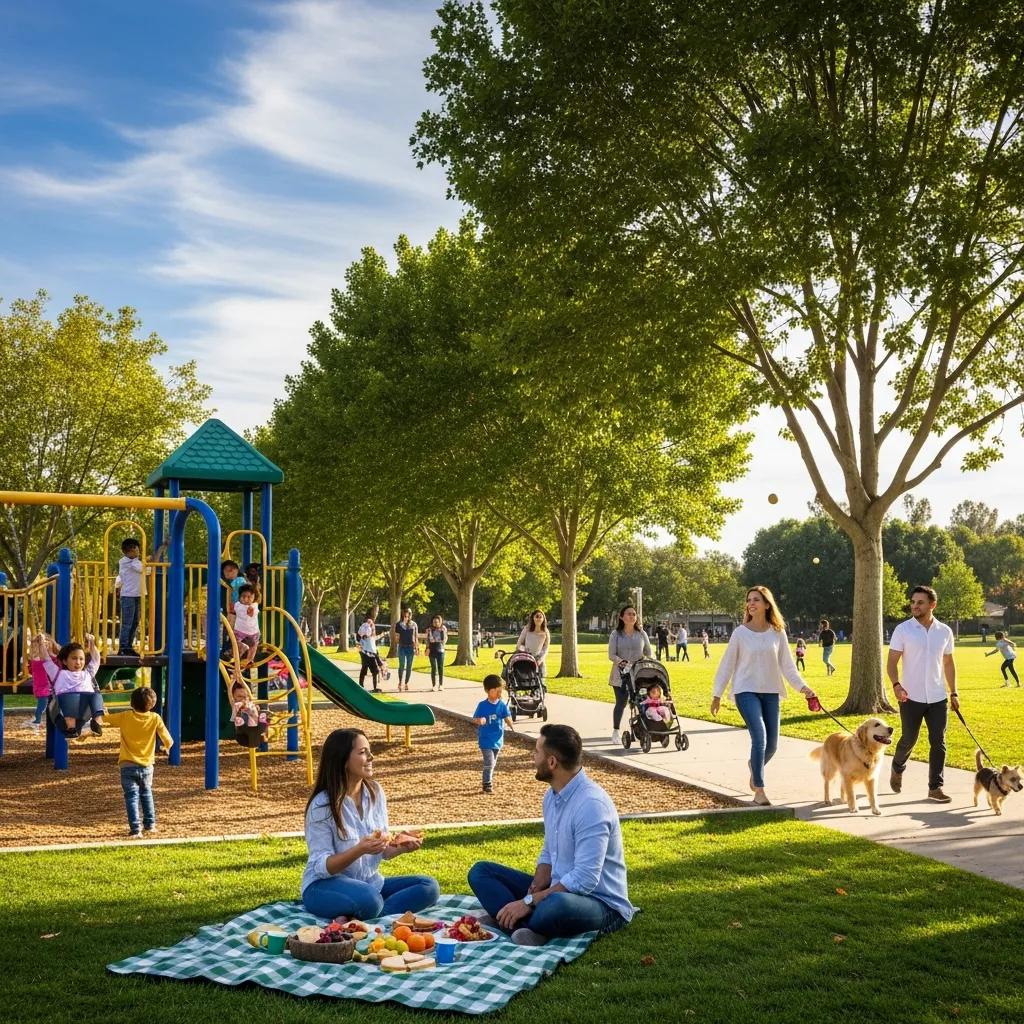 Families enjoying outdoor recreation in a Tustin park, emphasizing community and active living