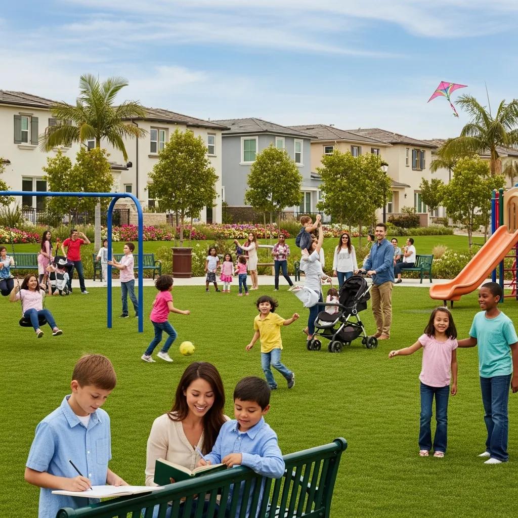 Family-friendly neighborhood in Irvine, CA with families enjoying outdoor activities