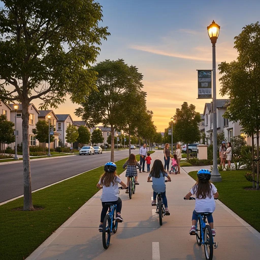 Quiet, well-lit residential street in Irvine with families walking and biking